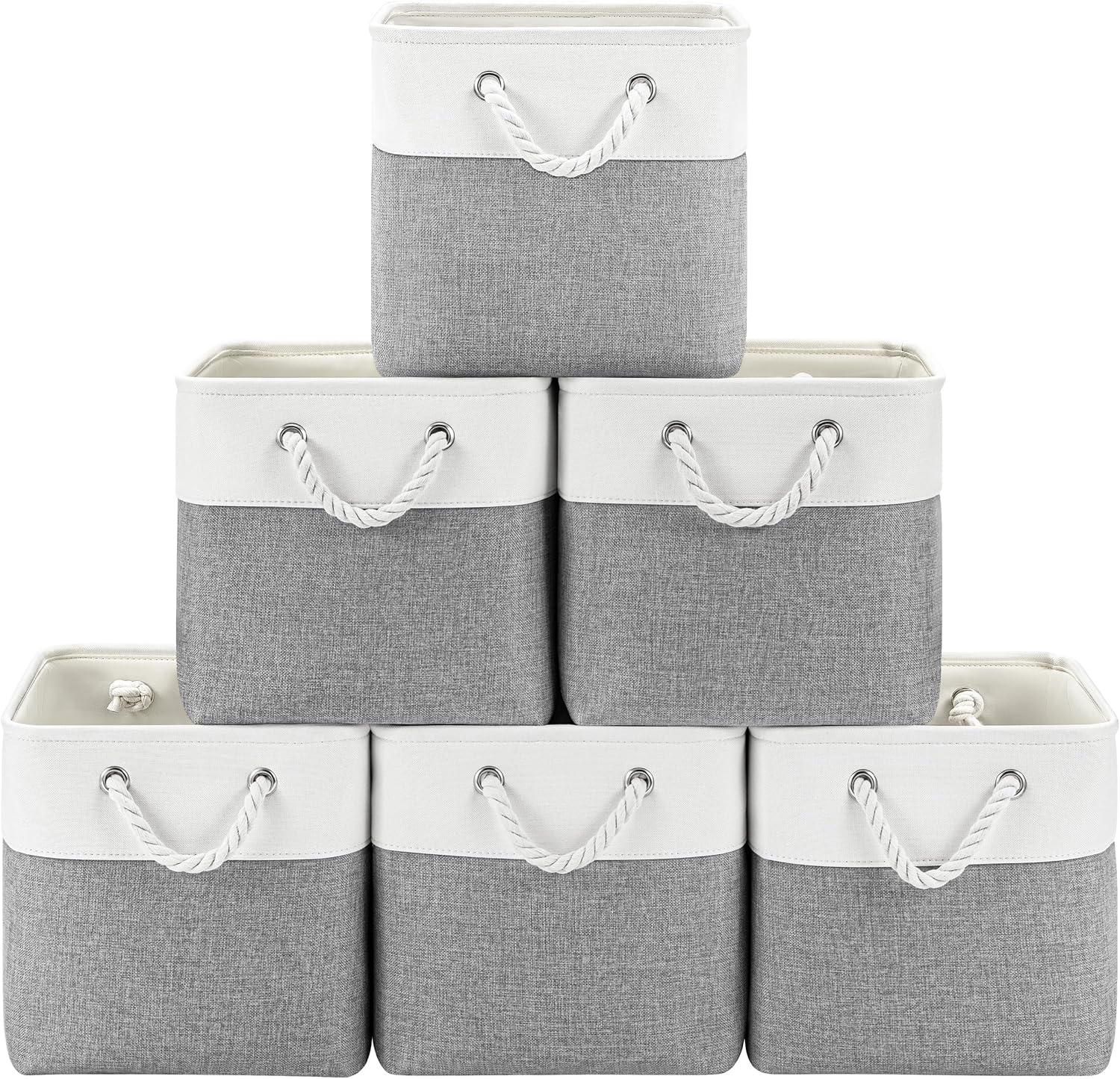 Patvingot 11-Inch Cube Storage Bins - 6 Pack Fabric Organizer Baskets with Rope Handles | White/Gray