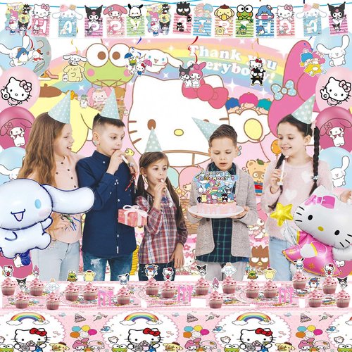 Kawaii Birthday Decorations, Cute Party Favors, Party Supplies Set Include Banner, Foil Balloons, Tablecloth, Backdrop, Cake Toppers.