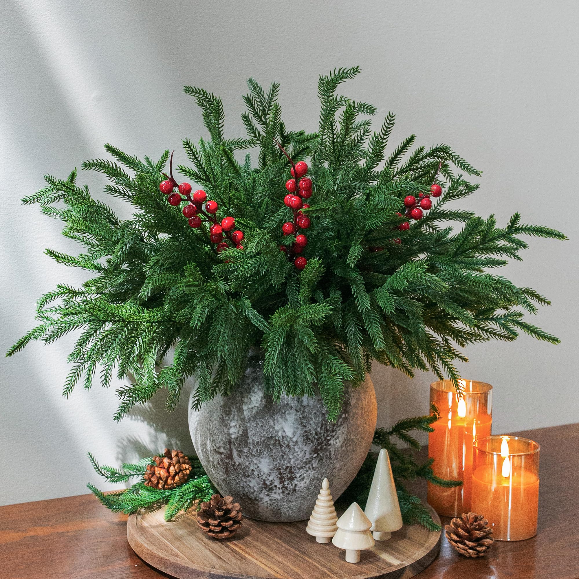 florisso Artificial Faux Christmas Norfolk Pine Stems Branches for Vases,12 Bundles Fake Evergreen Real Touch Greenery Stem with 3 PCS Red Berry Branches for Xmas Holiday Winter Table Indoor Decor