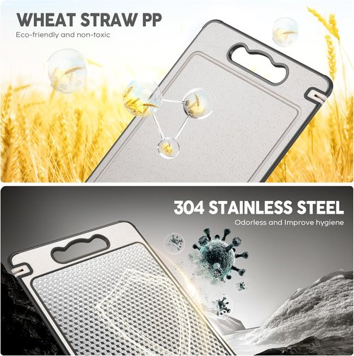 LOZOVIN Stainless Steel Cutting Board - Reversible 304 Steel & Wheat Straw, Dishwasher Safe, 14.4"x9.8", Grey