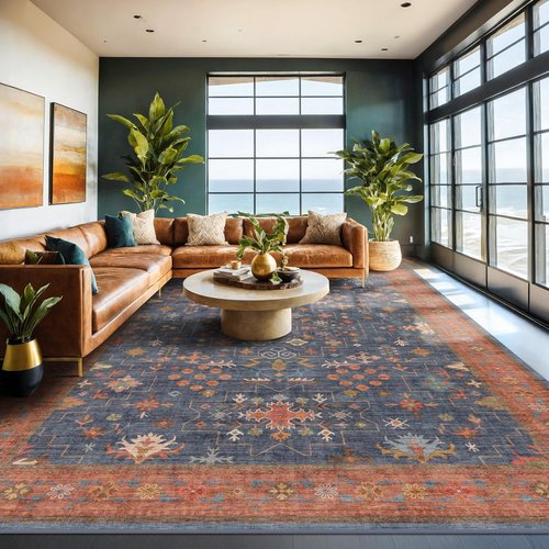Large Area Rug by Navy Blue | Geometric Floral Design - Washable Low Pile Soft Carpet for Living Room & Dining Room