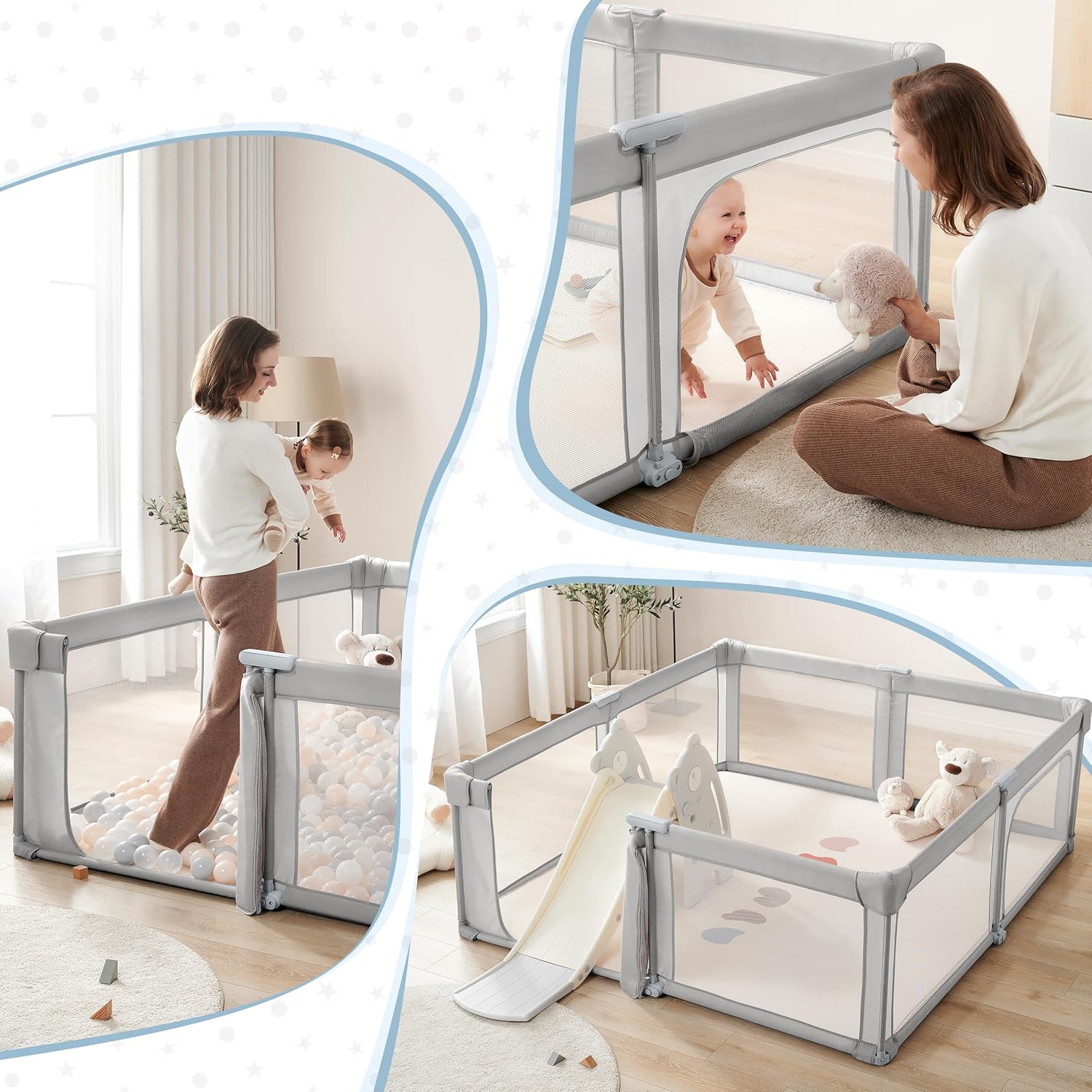 Sweeby Baby Playpen - Extra Large 59x59 Inch Foldable Play Yard with Door | Gray Indoor/Outdoor Fence