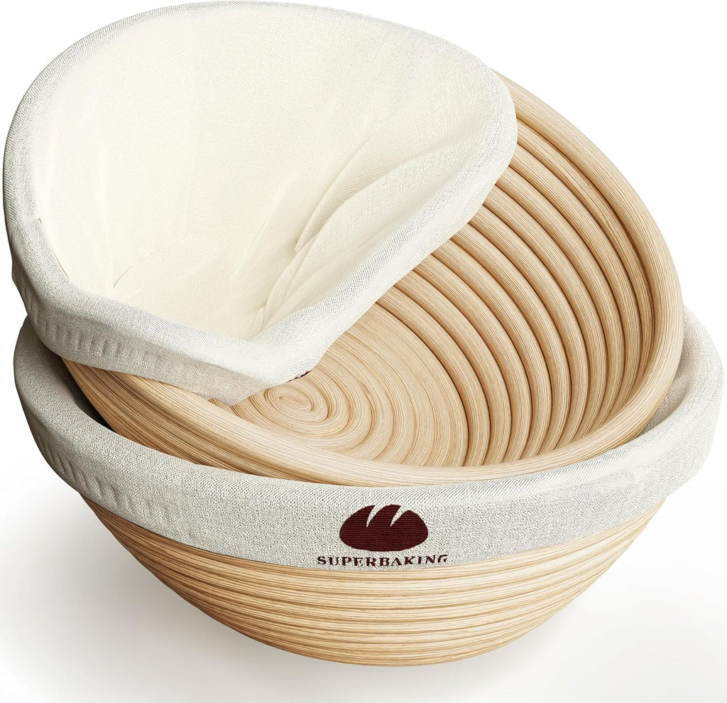 Superbaking Banneton Bread Proofing Basket Set - 9" Round Rattan with Liners for Sourdough Baking