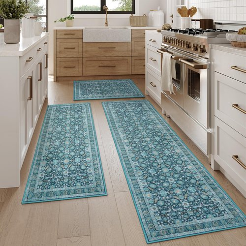 KIMODE Kitchen Rugs Sets of 3, Boho Oriental Kitchen Rugs Non Skid Washable, Turquoise Long Kitchen Mats for Floor, Comfort Cushioned Kitchen Runner Rug for Kitchen Hallways Laundry Sink Bathroom