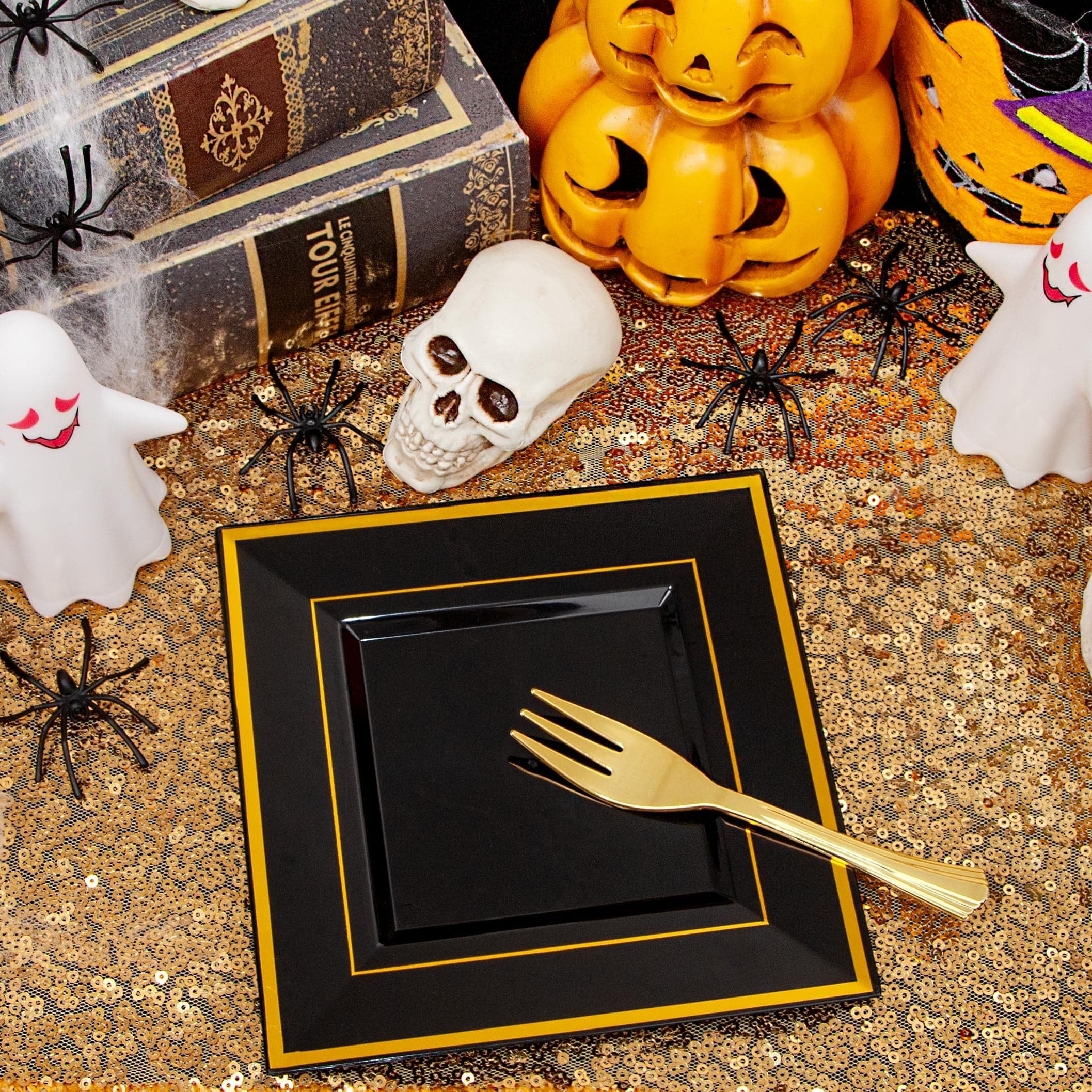 WDF 200PCS Black and Gold Plastic Dessert Plates with Plastic Forks -6’’ 100 Square Disposable Appetizer Plates Small Plate Cake Plate with Gold Rim for Wedding/Party/Birthday/Graduation