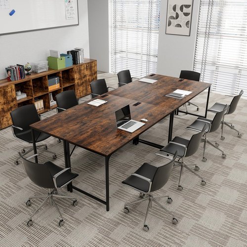 COSTWAY Home Office Desk, 32 Inch Computer Desk with Recessed Power Strip, Storage Bag & Headphone Hook, Wide Desktop, Modern Computer Workstation Writing Table for Home, Office (Rustic Brown + Black)