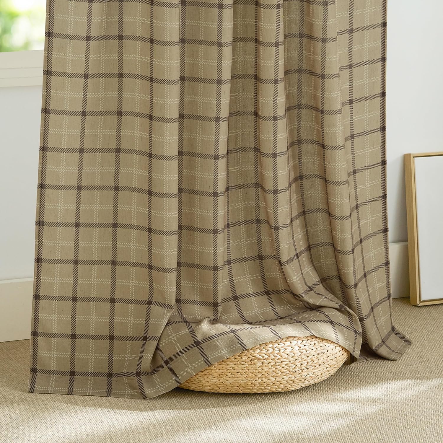 NICETOWN Linen Plaid Curtains - 84-Inch Light Filtering Privacy Shade | Semi-Sheer Grid Pattern, 1 Pair, 52W x 84L