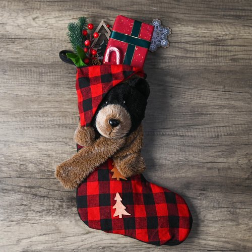 Valery Madelyn Christmas Stockings Decorations, 21 Inch Fabric Red Black Tartan Bear Cute Plush Personalized Fireplace Hanging Ornament for Holiday Xmas Party Decor