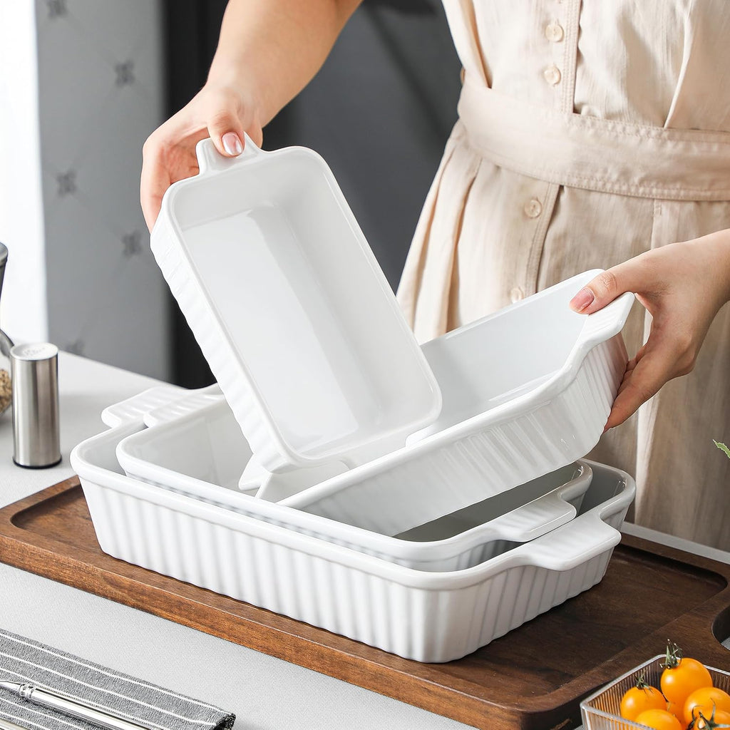MALACASA Casserole Dishes - Porcelain Bakeware Set of 4 with Handles for Oven Baking | White Rectangular Pans (9.4"/11.1"/12.2"/14.7")