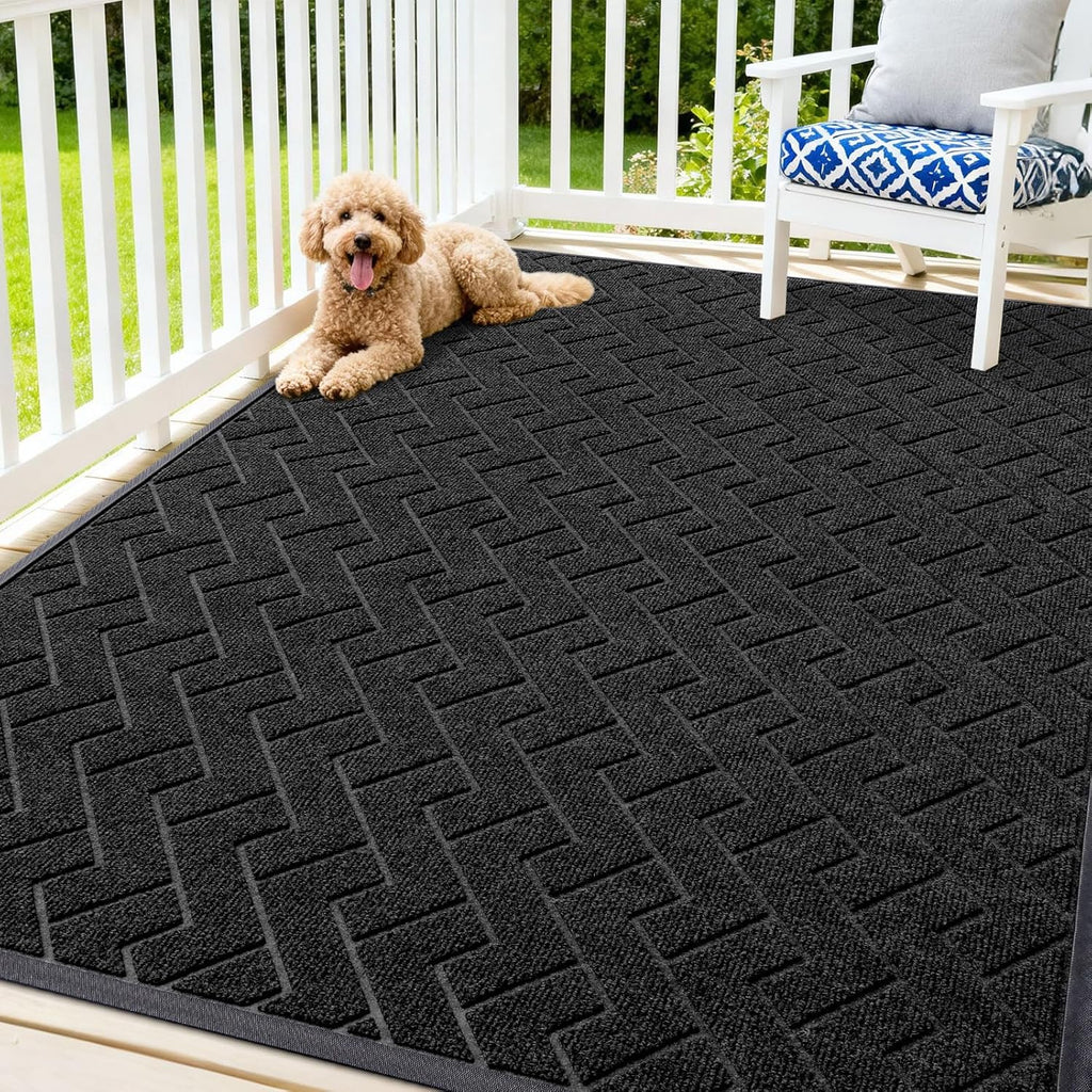 OLANLY Waterproof All-Season Front Door Mat - Sturdy Natural Rubber, Easy Clean Herringbone Design (Black, 71x47)