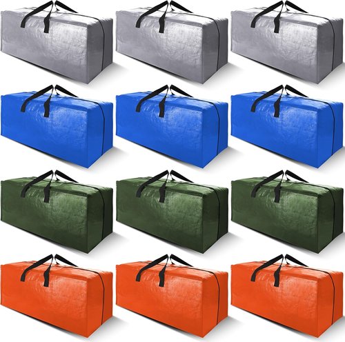 Cosy Family Heavy Duty Moving Bags - 12 Pack with Backpack Straps & Strong Zippers | X-Large, Multicolored Storage Totes