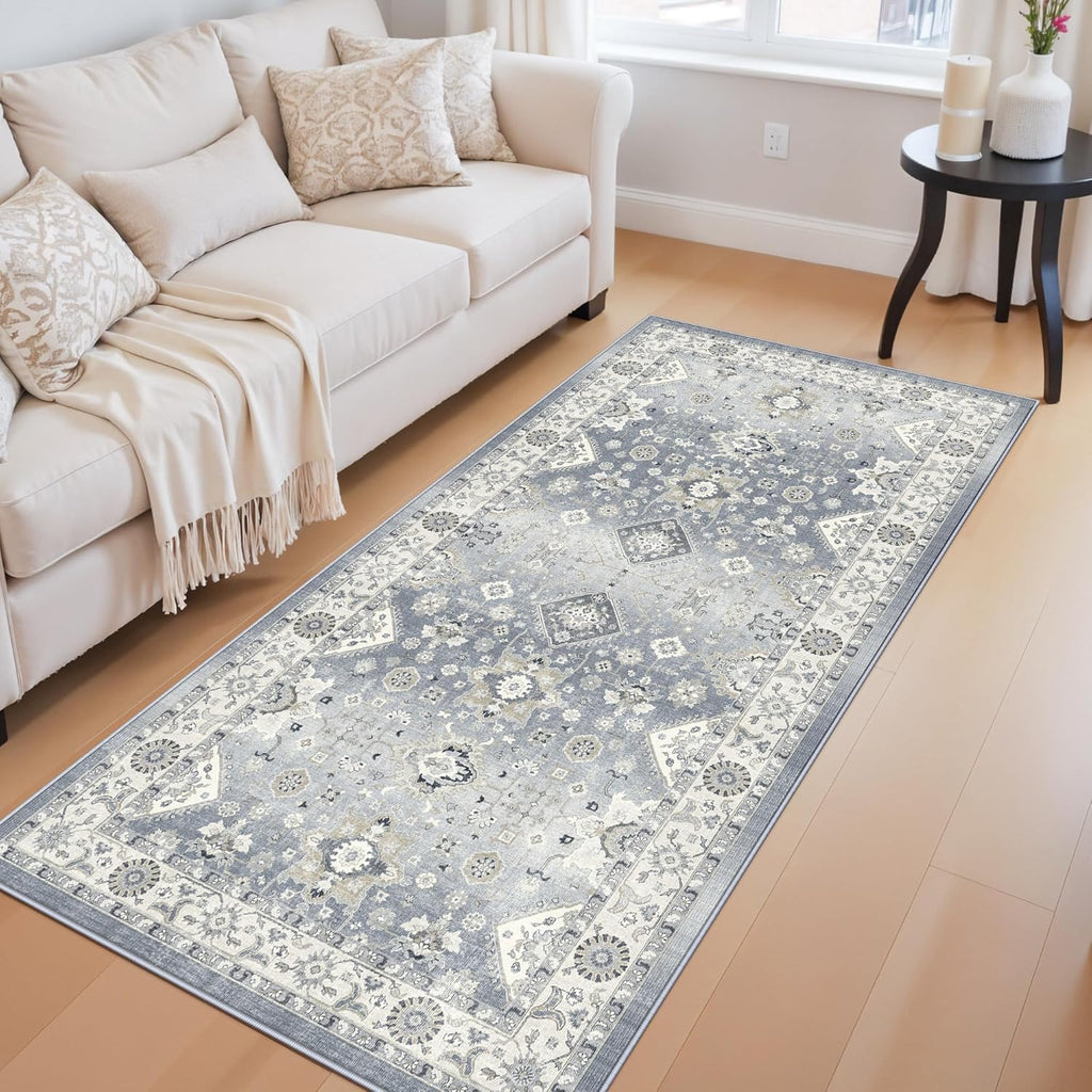 Skiennix Vintage Washable Runner Rug - Non-Slip Soft Carpet for Entryway | 3x6 Grey Stain Resistant Mat