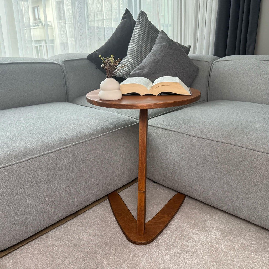 GENESIS WOODESIGN C-Shaped Handmade End Table, Side Table for Couches, Sofa Tables Slide Under Couch for Living Room, Over Couch TV Tray Table for Small Spaces (Large, Chestnut)