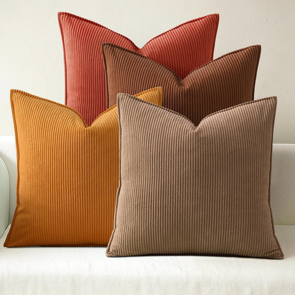 Fuhana Throw Pillow Covers 18x18 Inch Corduroy Set of 4 Decorative Couch Summer Throw Pillow Cases Square Farmhouse Boho Velvet Cushion Covers for Sofa Bed Living Room Home Decor Maillard Tones