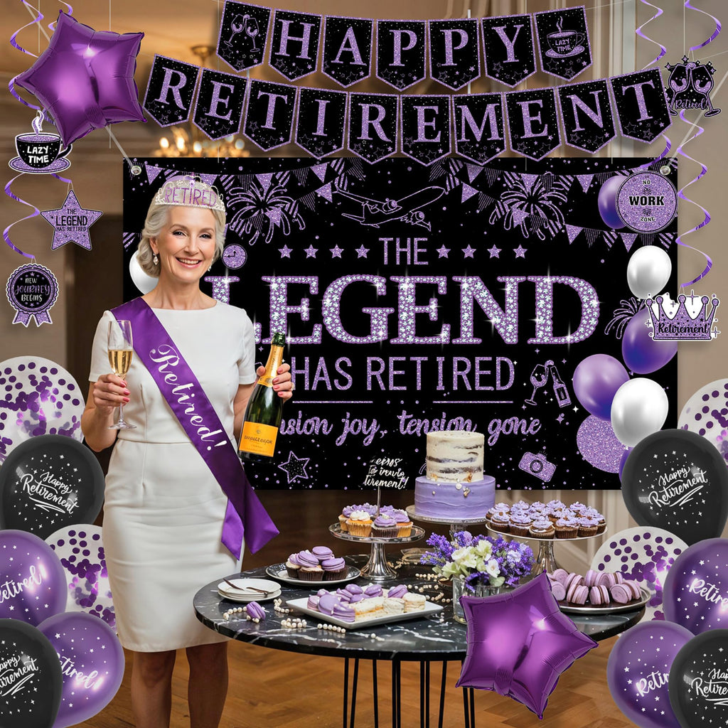 Roetyce Retirement Party Decorations Women, Black and Purple Happy Retirement Banner Backdrop Balloons Hanging Swirls for Coworker, Lengend Has Retired Sash & Crown, Office Retired Background