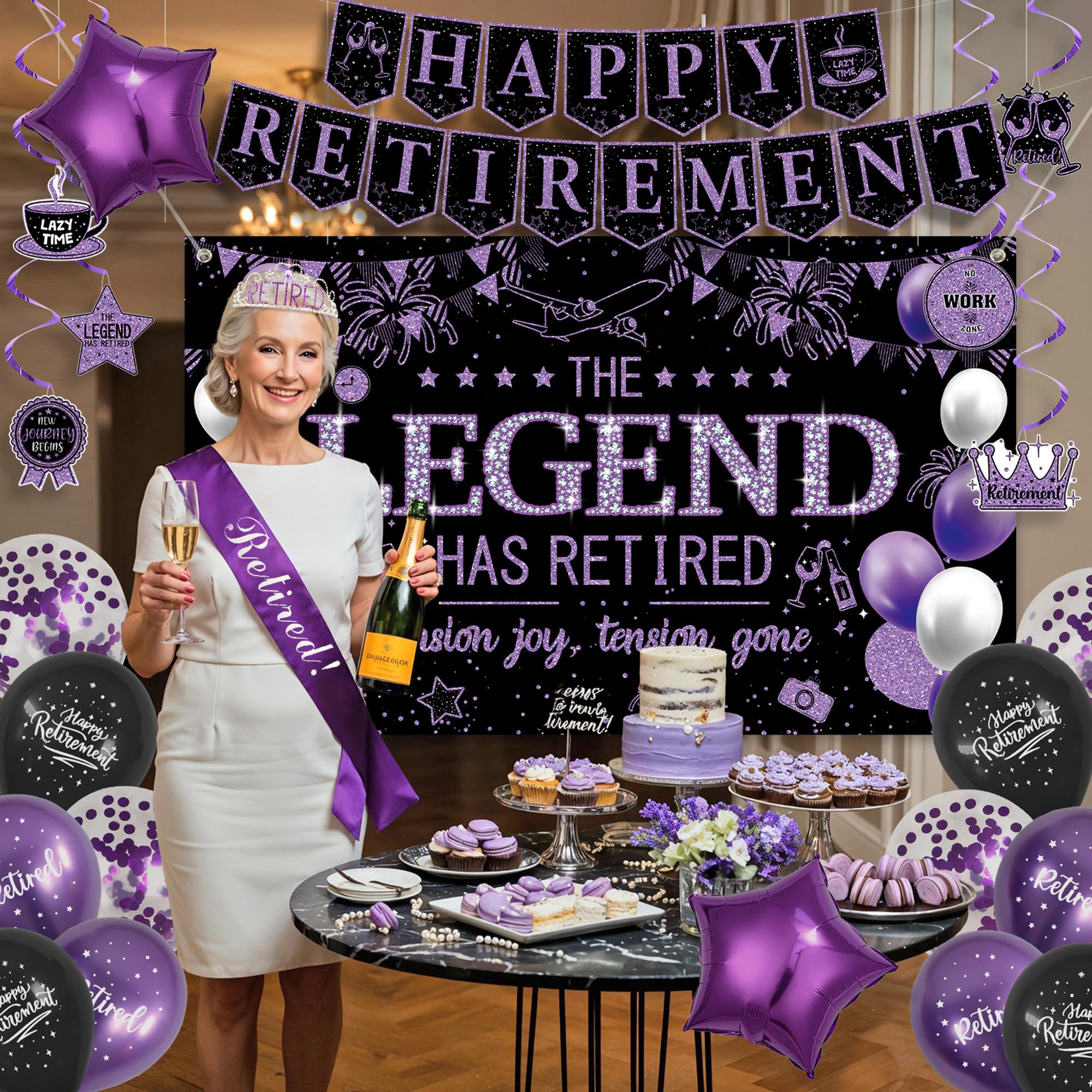 Roetyce Retirement Party Decorations Women, Black and Purple Happy Retirement Banner Backdrop Balloons Hanging Swirls for Coworker, Lengend Has Retired Sash & Crown, Office Retired Background