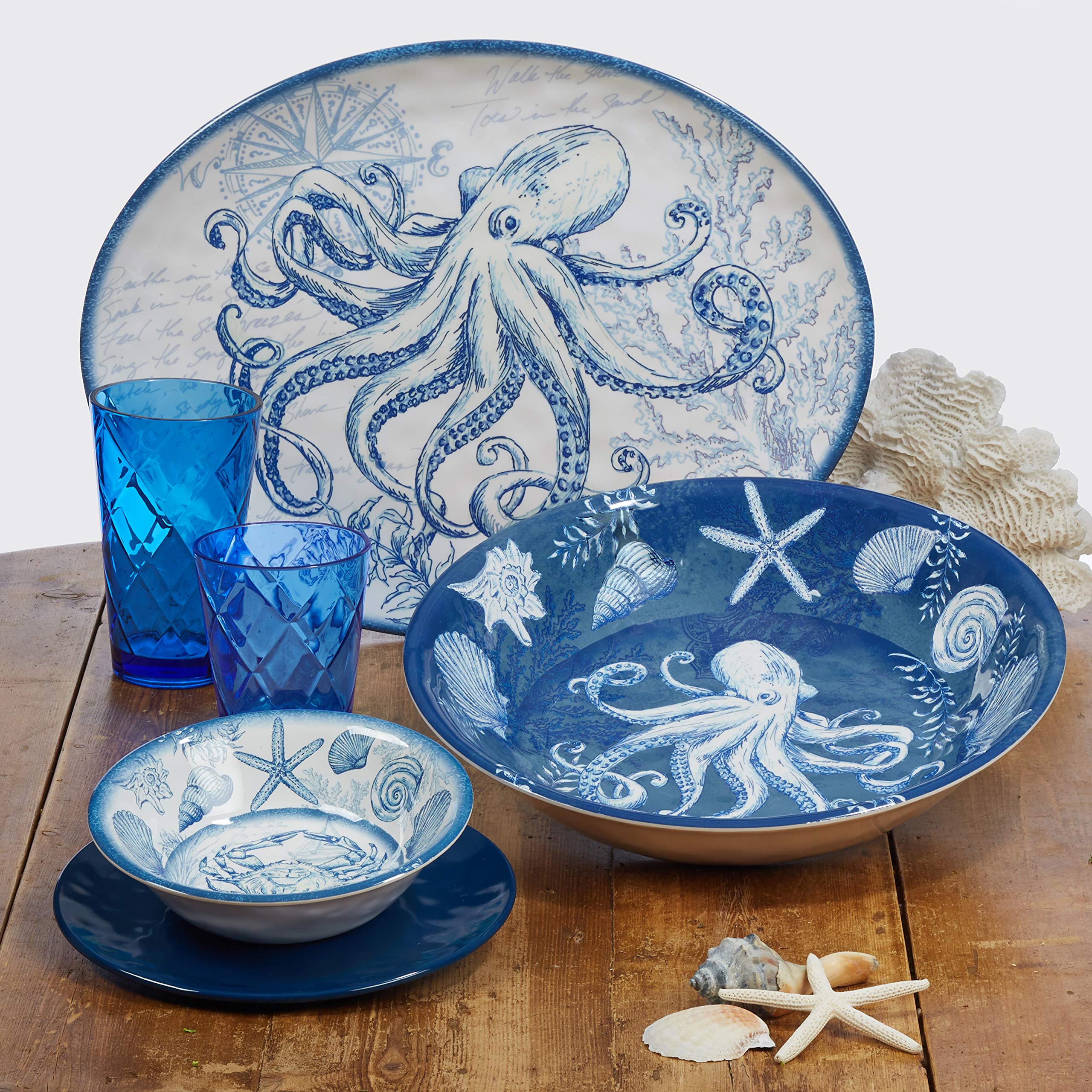 Oceanic 3-Piece Melamine Hostess Set – Includes Chip & Dip Server, 3-Section Relish Tray, and Rectangular Fish Platter – BPA-Free, Break-Resistant, Dishwasher Safe – Perfect for Indoors or Out