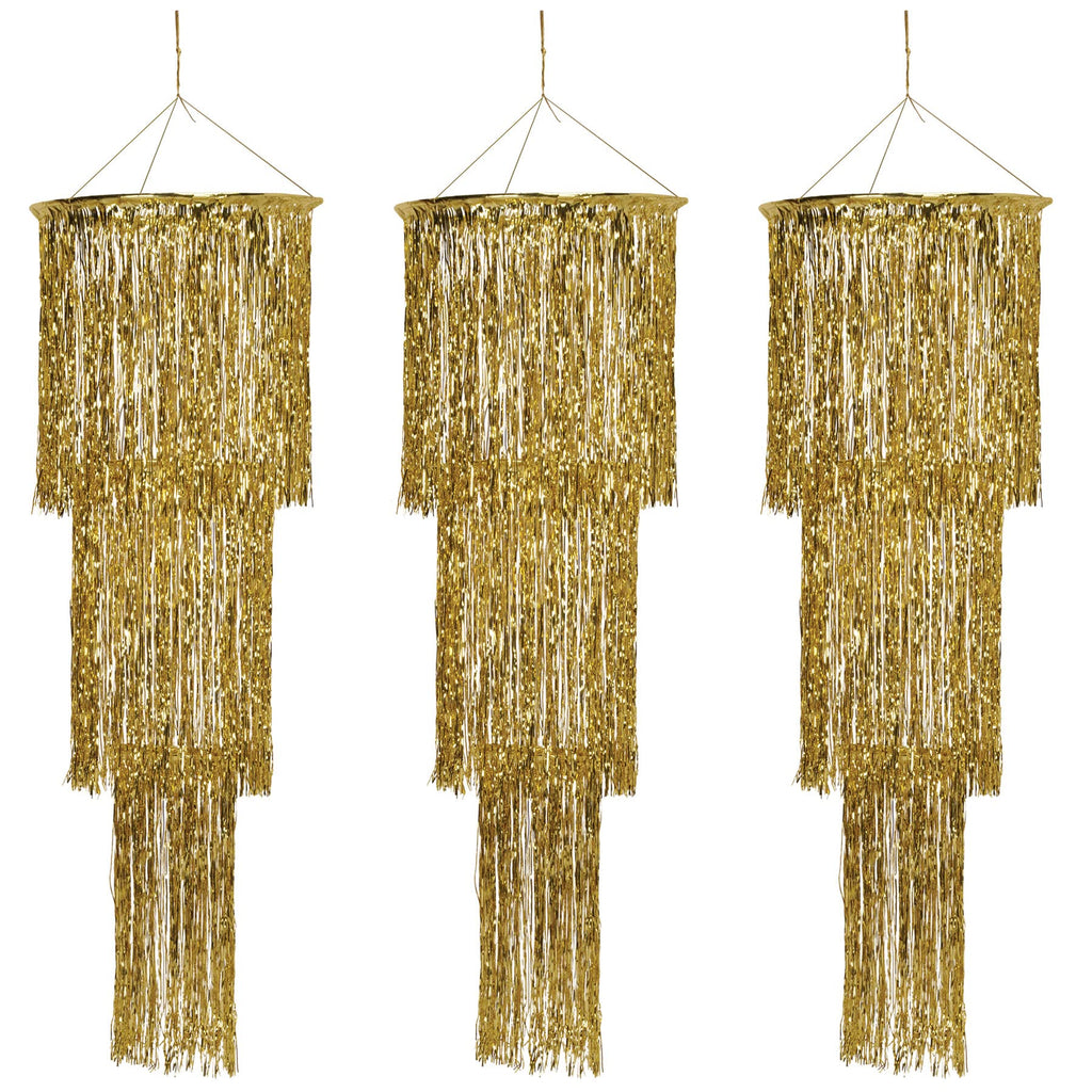Beistle 3-Tier Shimmering Chandeliers – 3 Pack Gold Hanging Party Decorations, Elegant Foil Ceiling Décor for New Year’s Eve, Weddings, Anniversaries, 1920’s Themed Parties and Celebrations, 4 Ft