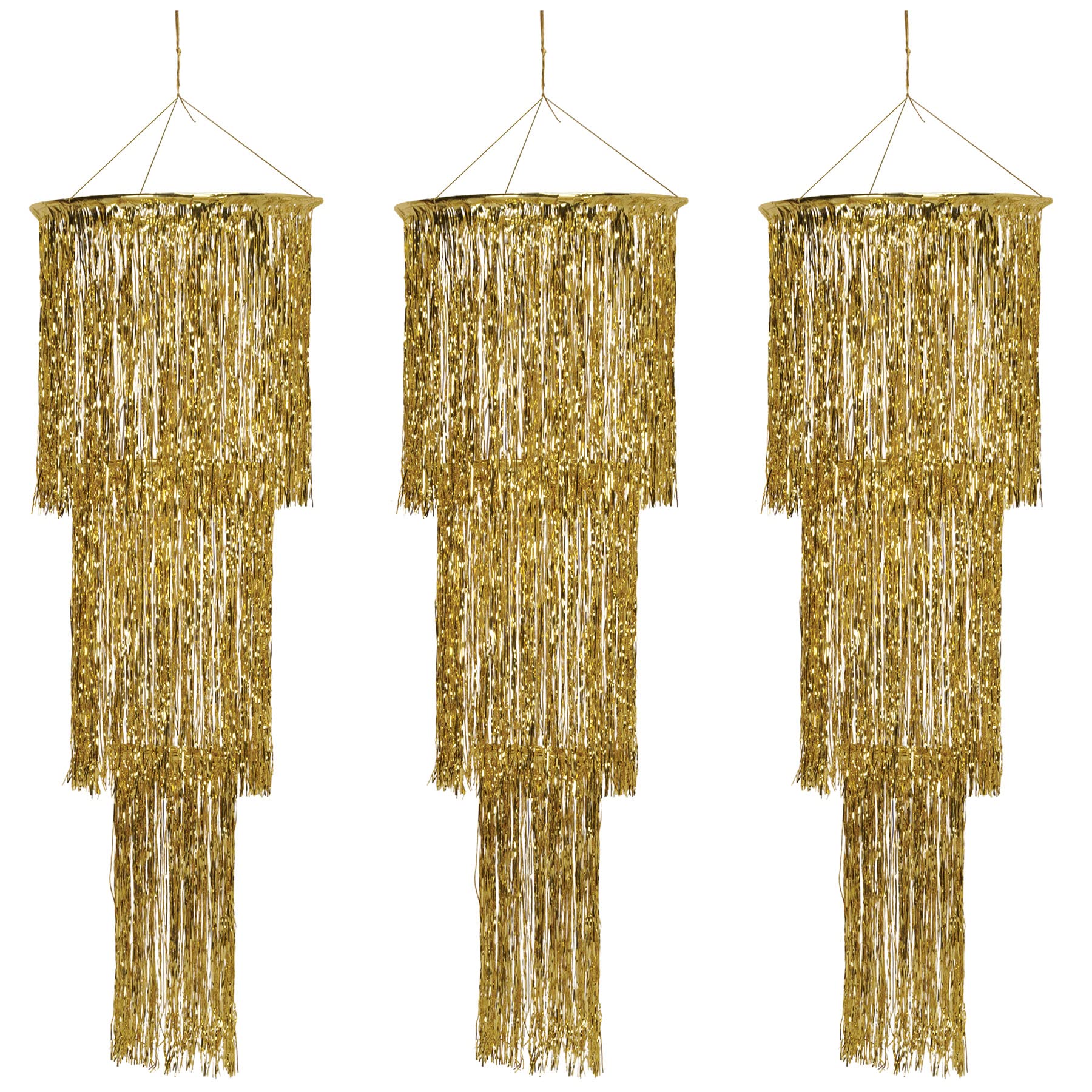 Beistle 3-Tier Shimmering Chandeliers – 3 Pack Gold Hanging Party Decorations, Elegant Foil Ceiling Décor for New Year’s Eve, Weddings, Anniversaries, 1920’s Themed Parties and Celebrations, 4 Ft