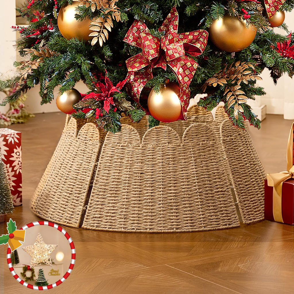TOSTOOIRX Scalloped Rattan Christmas Tree Collar 28 Inch Hyacinth Xmas Tree Ring with Star Tree Topper, Woven Tree Base Cover for Holiday Home Decoration, Handcrafted Farmhouse Christmas Tree Decor
