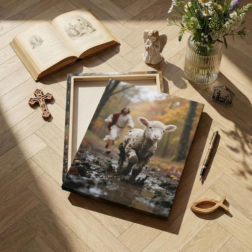 Jesus Canvas Wall Art - Good Shepherd Artwork Featuring Lost Lamb | Christian Decor for Home & Church