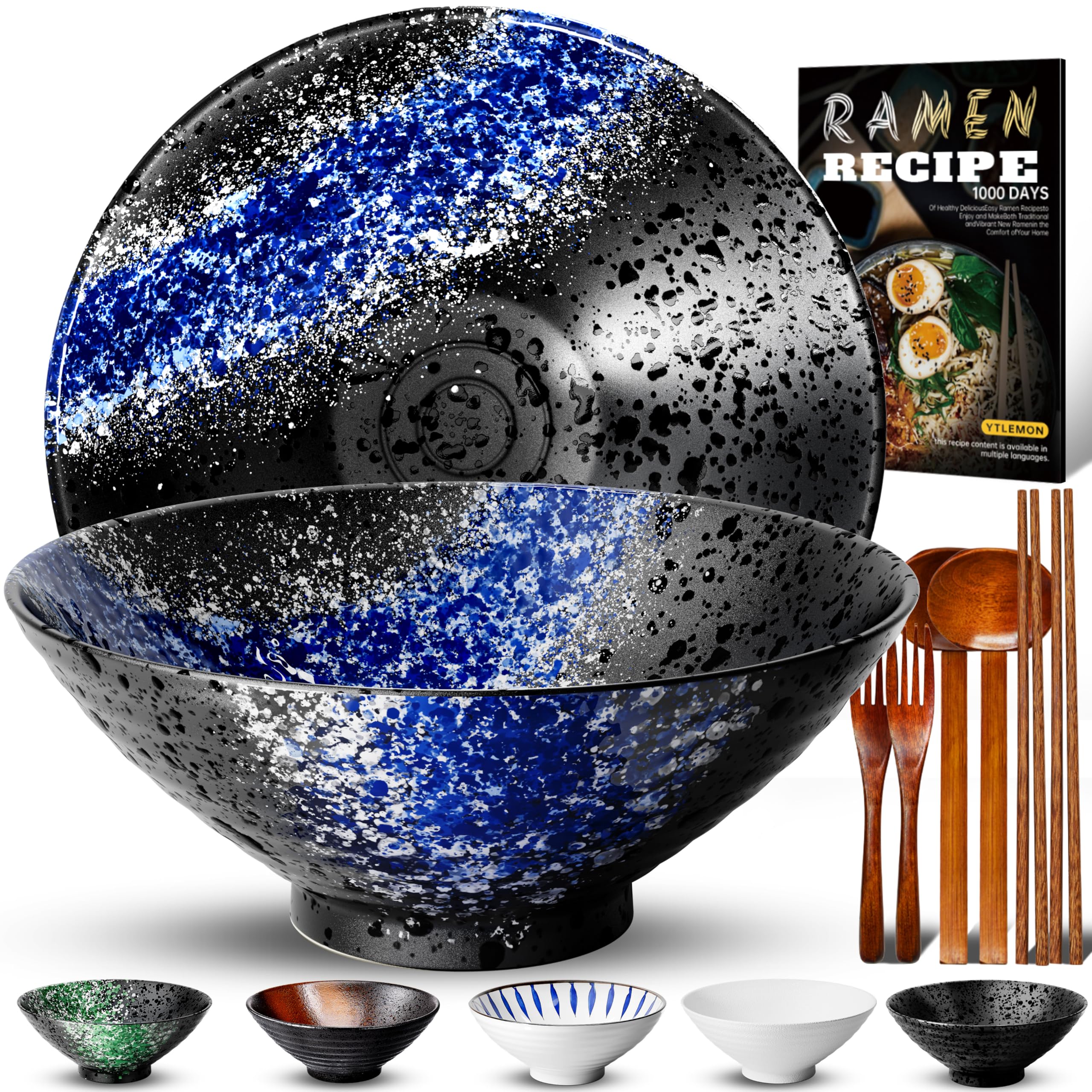 9.4Inch Ceramic Ramen Bowl Set of 4 (17 Piece) - Porcelain Japanese Salad Noodles Cereal Fruit Pasta Soup Large Bowls with Recipes Chopsticks Forks Spoons for Men Women Gift Microwave Dishwasher Safe
