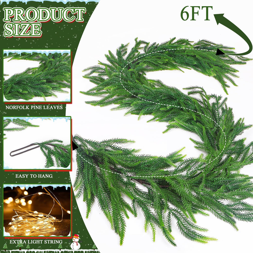 Norfolk Pine Garlands with Light String, 6Ft Artificial Soft Christmas Pine Garland, Green Real Touch Greenery Garland for Table, Mantle, Staires, Wall, Premium Indoor/Outdoor Christmas Decorations
