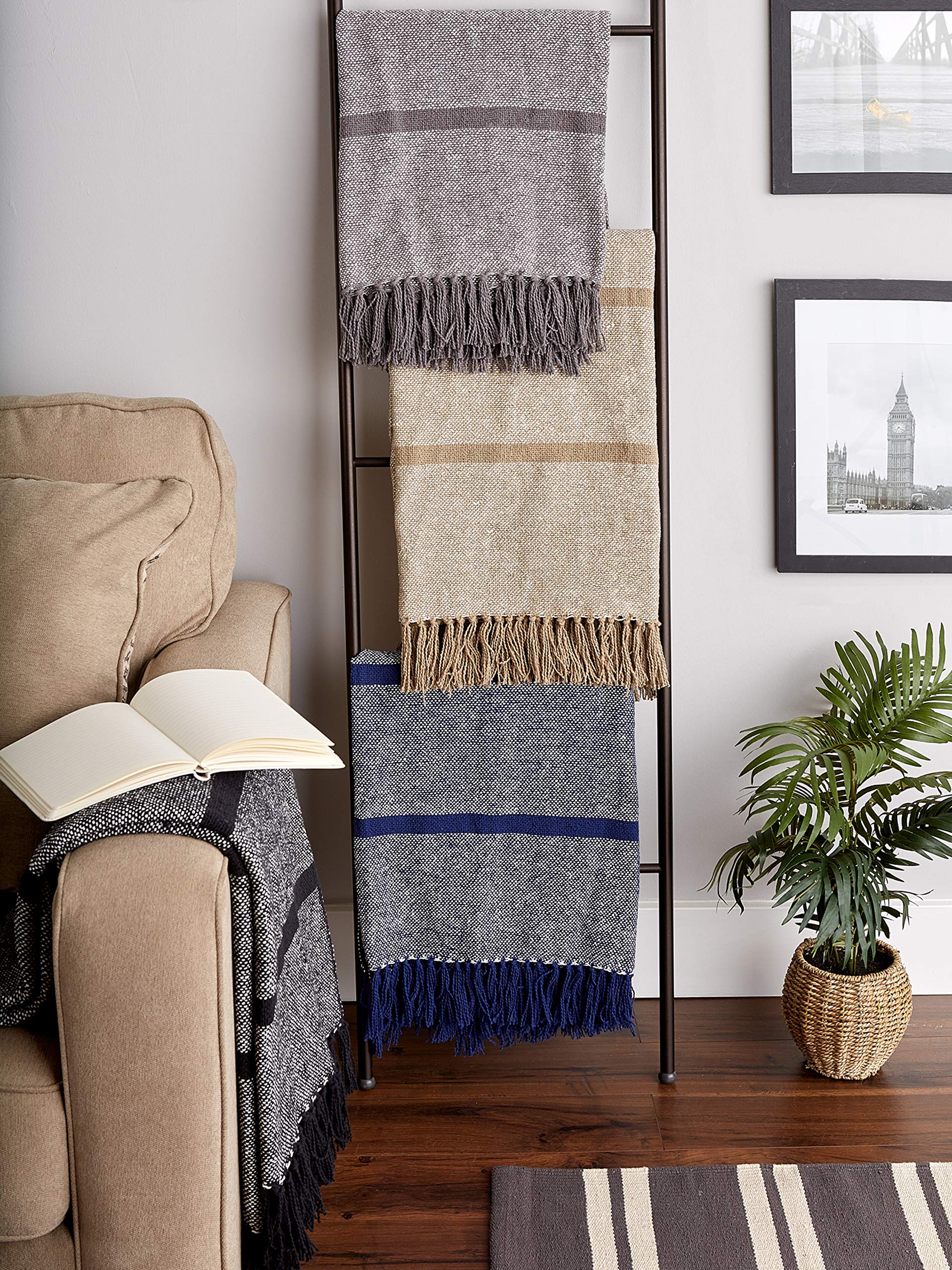 DII Navy Stripe Homespun Throw, 50x60 with 2.5" Fringe