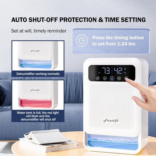 Frizzlife DH80 Air Dehumidifier, 135oz Water Tank W/Purifying Function, Quiet Small Dehumidifiers With Sleep Mode For Home, Bedroom, Bathroom, Basement W/Auto Shut Off, 7 Colors LED Light, White