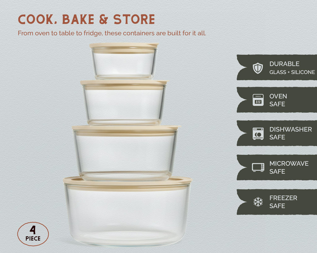 Vase and Vessel Glass Storage Container Set, Borosilicate Glass, Tempered Glass Lids, Baking Pan, Airtight with Vents, Microwave, Oven & Dishwasher Safe, (Circular - Set Of 4)