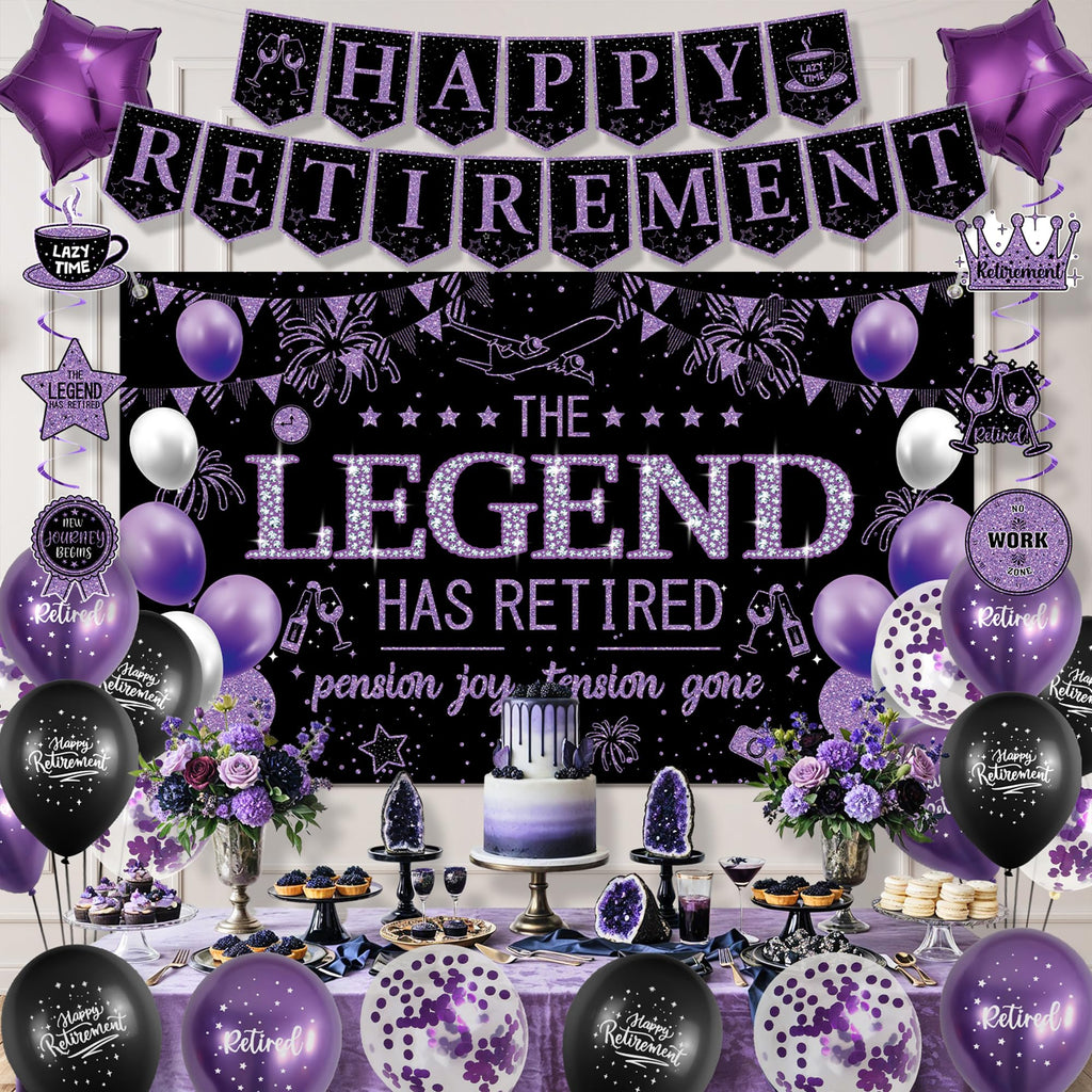 Roetyce Retirement Party Decorations Women, Black and Purple Happy Retirement Banner Backdrop Balloons Hanging Swirls for Coworker, Lengend Has Retired Sash & Crown, Office Retired Background
