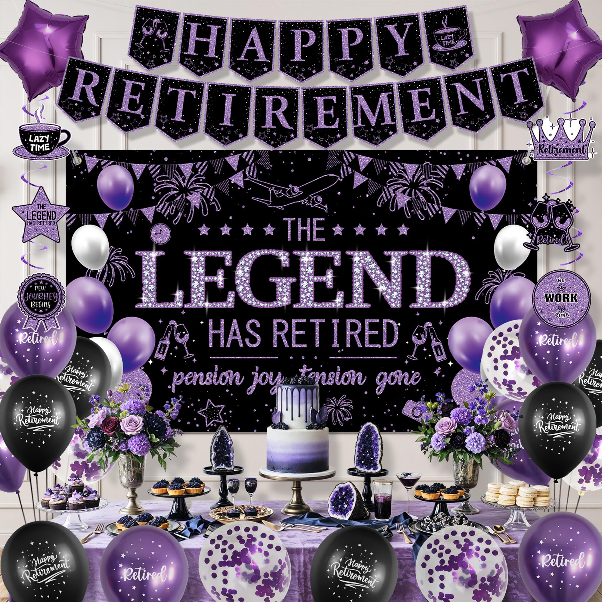 Roetyce Retirement Party Decorations Women, Black and Purple Happy Retirement Banner Backdrop Balloons Hanging Swirls for Coworker, Lengend Has Retired Sash & Crown, Office Retired Background