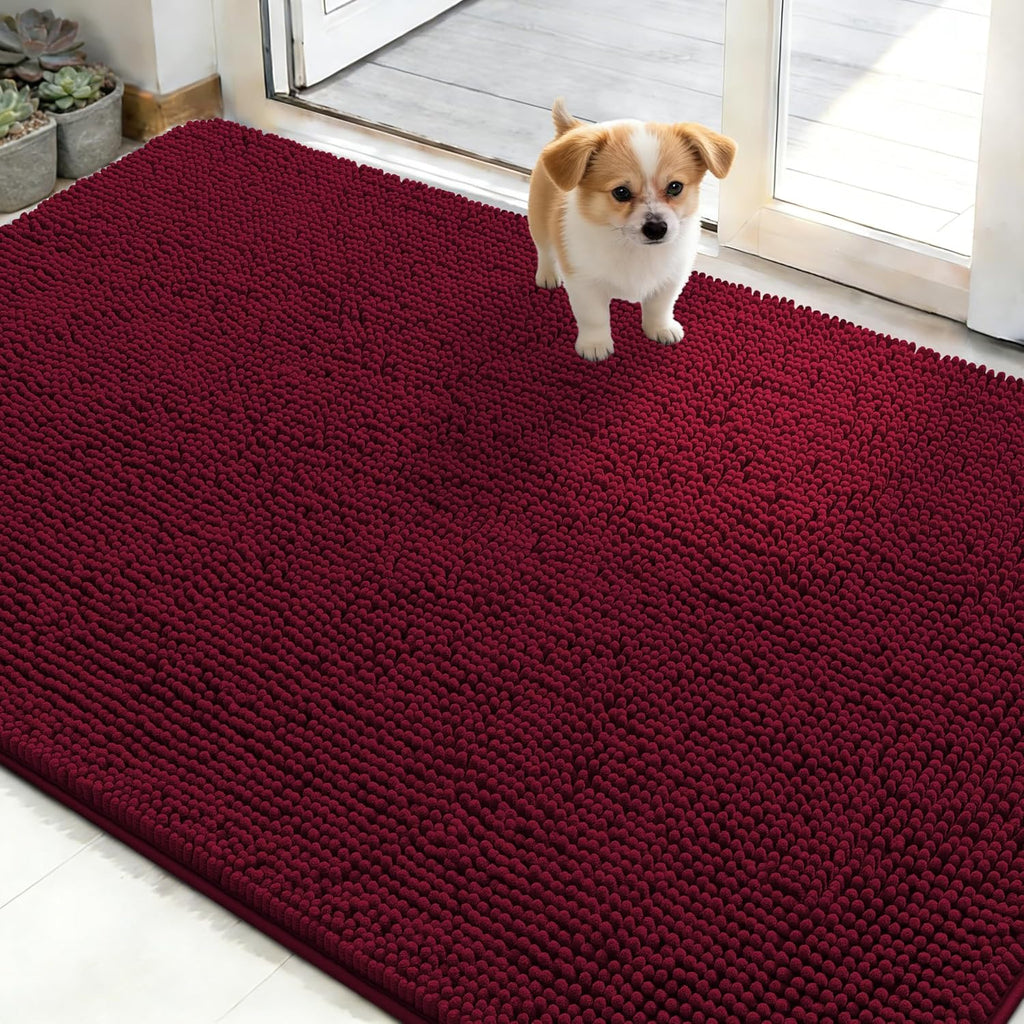 OLANLY Dog Door Mat - Absorbent Non-Slip Washable Chenille Mat for Muddy Paws | 48x30, Burgundy
