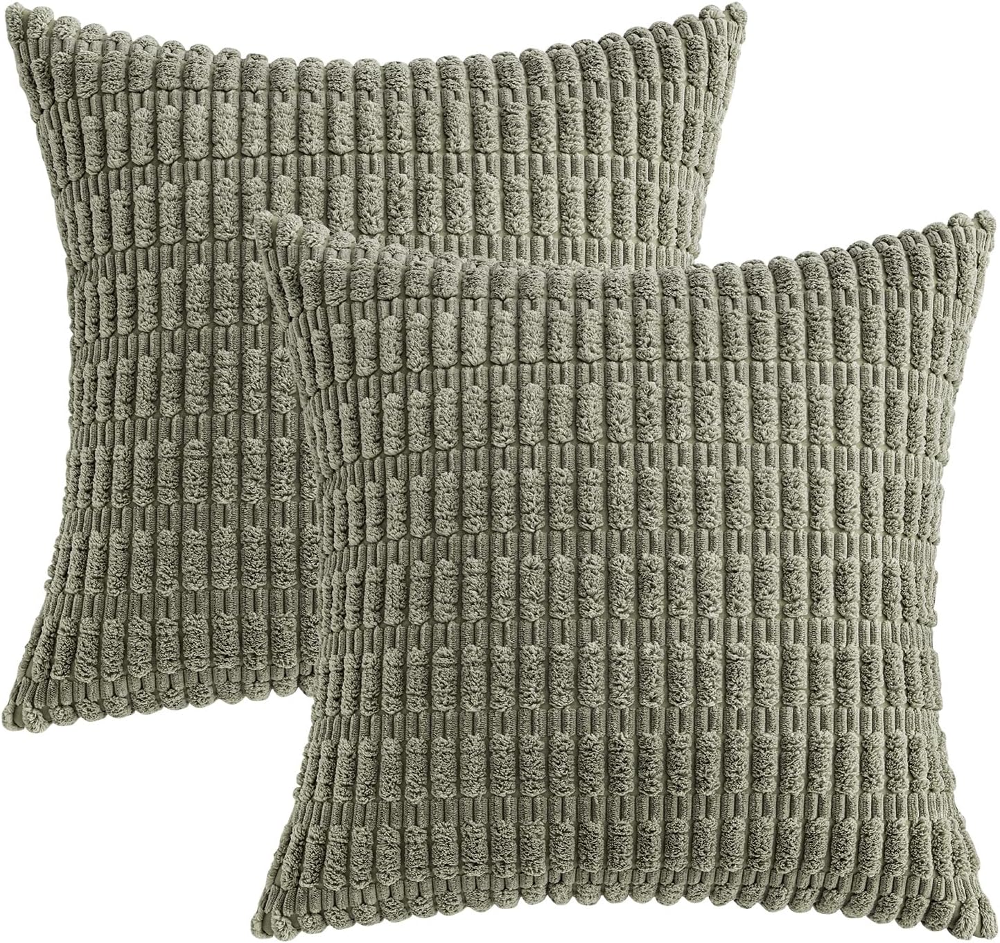 MIULEE Corduroy Throw Pillow Covers - Soft Boho Striped Design | 16x16 Inch Light Olive Green, Set of 2