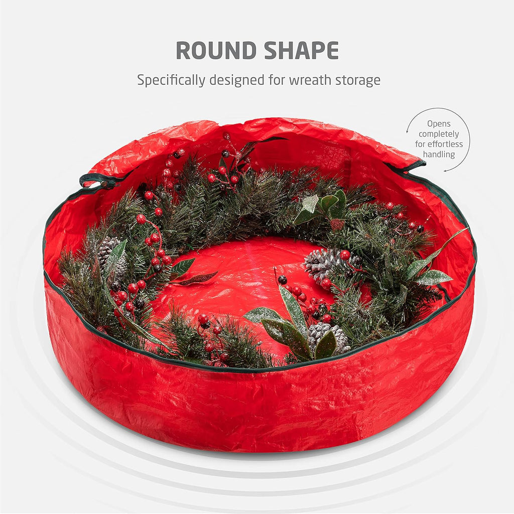 ZOBER Christmas Wreath Storage Container - 30 Inch Dual Zippered Bag with Durable Handles - Red