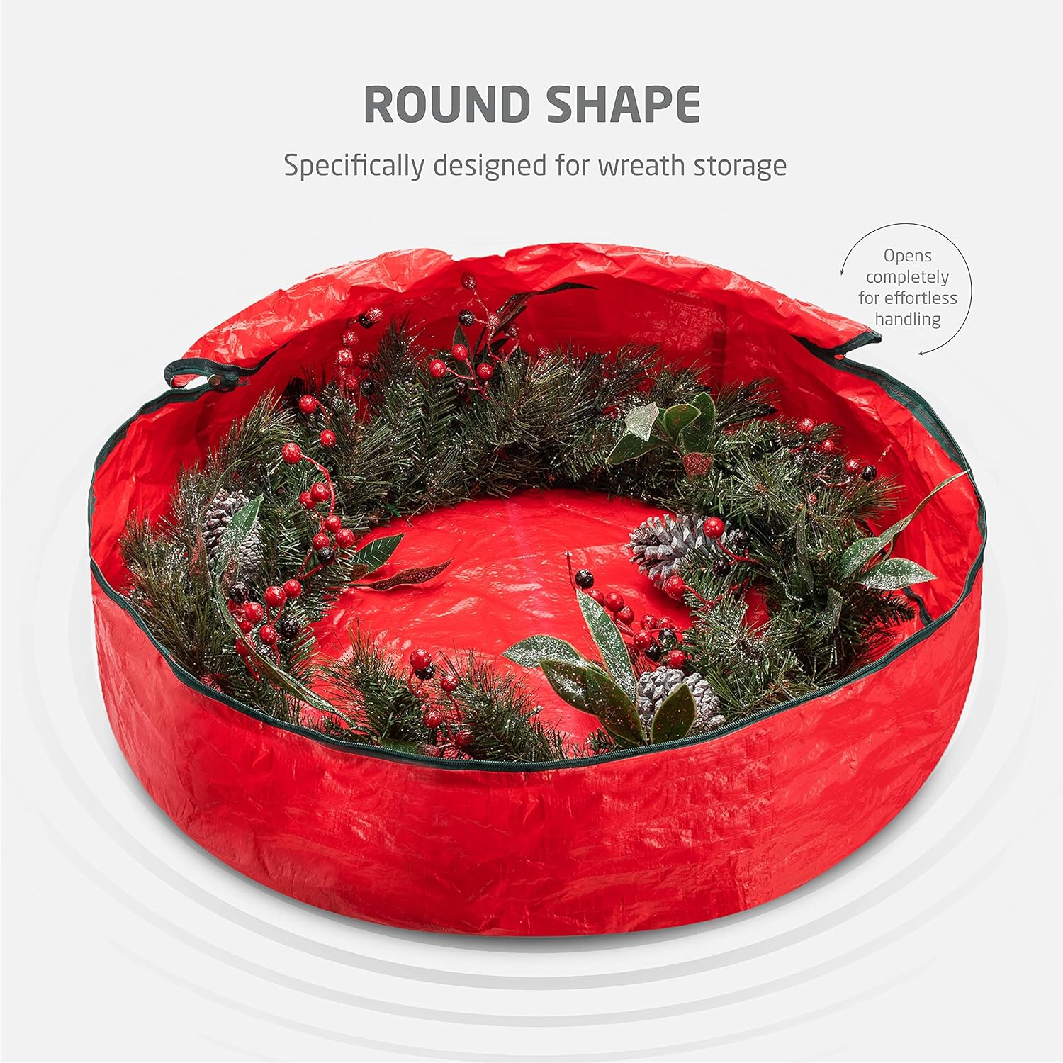 ZOBER Christmas Wreath Storage Container - 24 Inch Dual-Zippered Bag with Durable Handles - Red