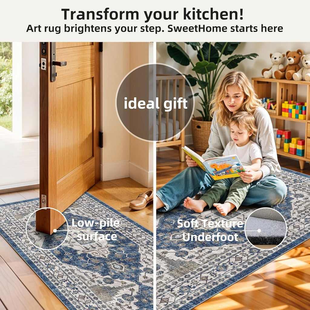 Skiennix Washable 4-Piece Kitchen Floor Mats - Non-Slip, Easy Clean, Water-Resistant Rugs | Blue