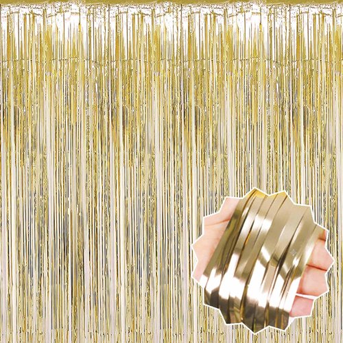 Light Gold Foil Fringe Curtains by [Brand Name] - 3 Pack Metallic Tinsel Backdrop | 3.28 x 8.2 Ft for Parties