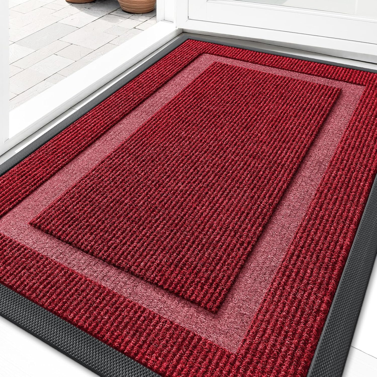 OLANLY Waterproof All-Season Front Door Mat - Sturdy Natural Rubber, Easy Clean | 29.5x17, Wine Red