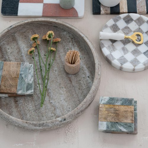 Bloomingville Round Marble Checkered Cheese and Serving Tray, Buff Color and White