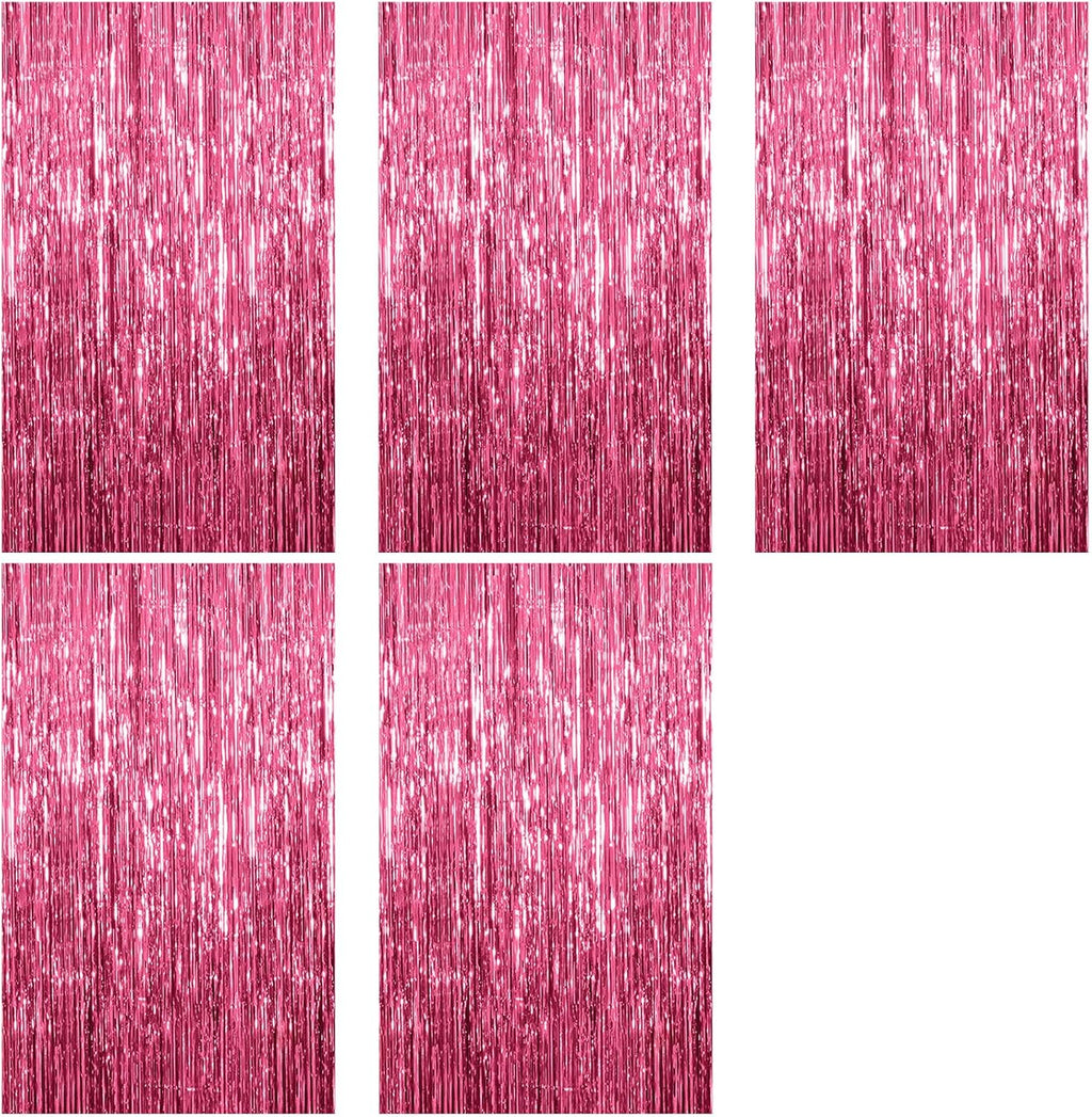 Skiennix Pink Metallic Foil Curtain Backdrop - 5 Pack Tinsel Fringe for Parties & Celebrations