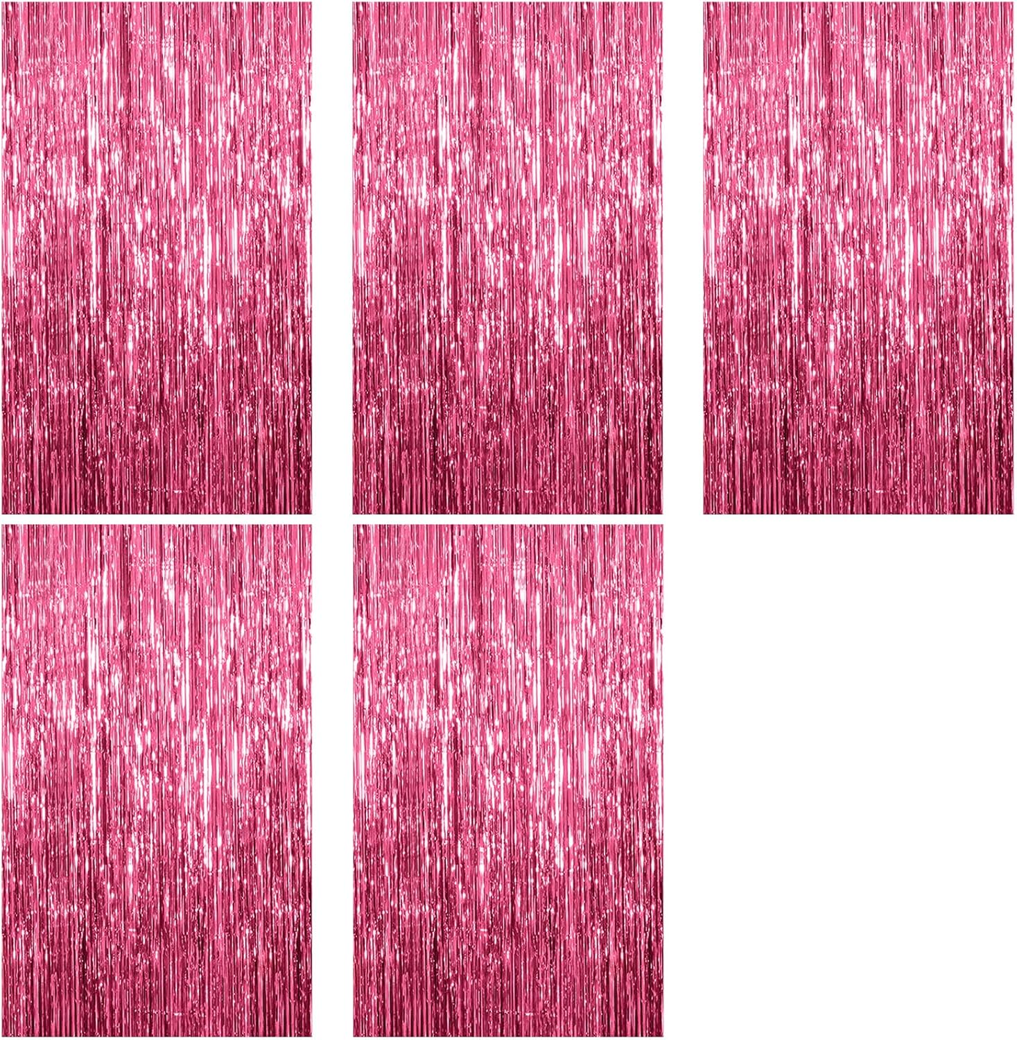 Skiennix Pink Metallic Foil Curtain Backdrop - 5 Pack Tinsel Fringe for Parties & Celebrations