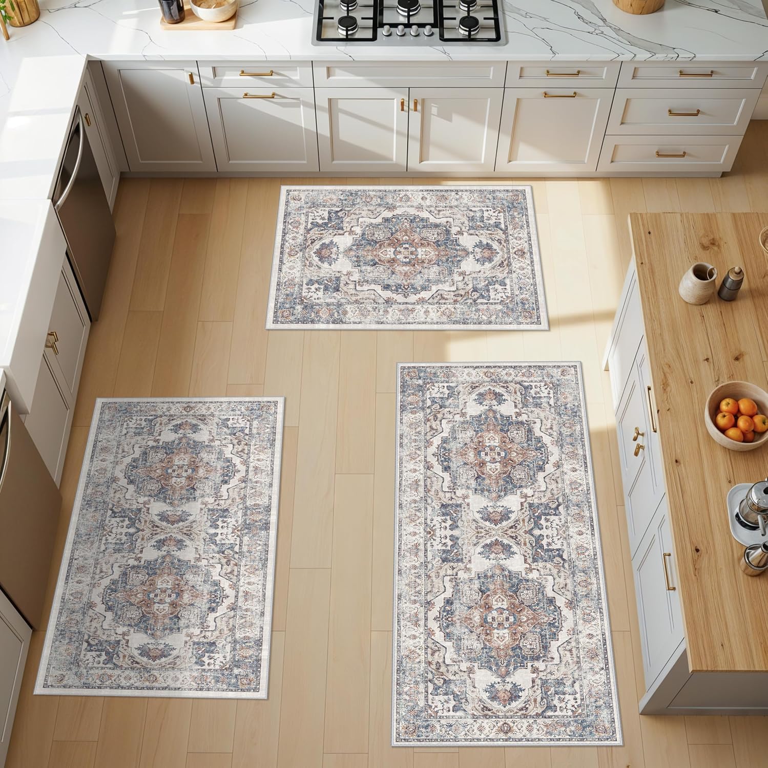 Skiennix Washable Kitchen Rug Set - Non-Slip, Soft & Stain Resistant Mats for Entryway | 3-Piece (2x3, 2x4, 2x5) in Brick