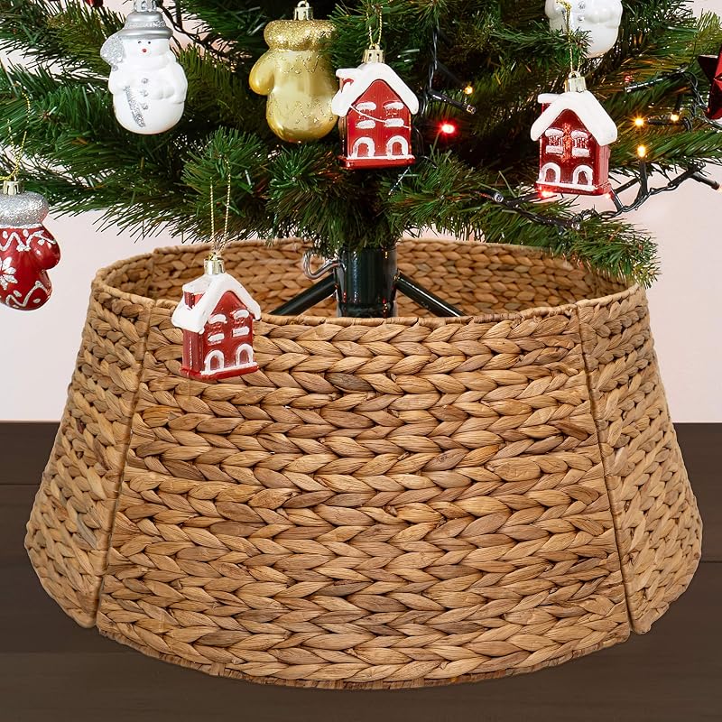 36 Inch Natural Water Hyacinth Christmas Tree Collar with Metal Frame - Handwoven Farmhouse Wicker, Easy Assembly (Variation: Natural+36 Inches)
