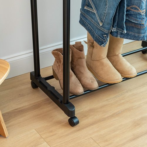 IRIS USA Portable Double-Rod Height Adjustable Clothes Rack with Extendable Bar and Lockable Wheels, Rolling Garment, Double Rod Wardrobe Rack, Easy Assemble, for Clothes, Belts, Shoes, and Bags