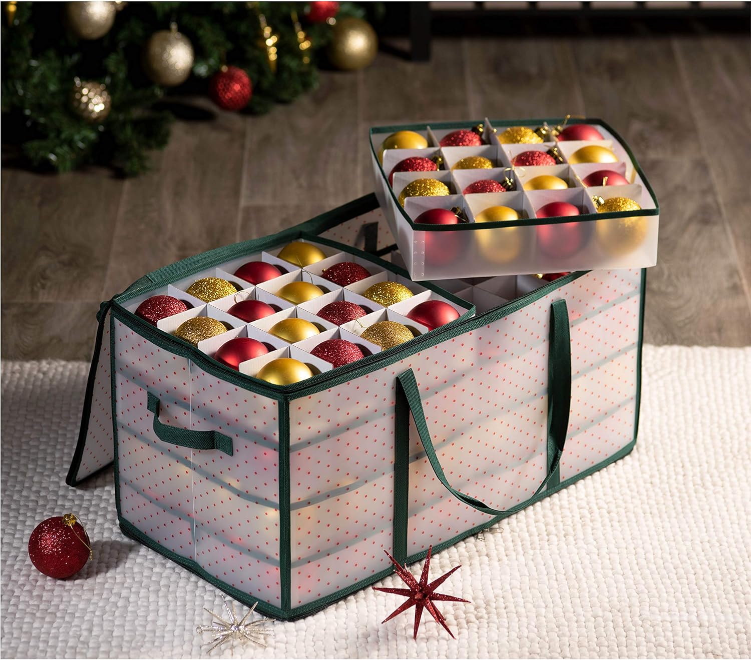 ZOBER Christmas Ornament Storage Box - Durable Organizer for 128 3" Ornaments | Green with Individual Trays