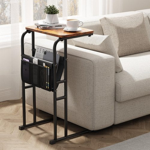Olldide C-Shaped End Table with Storage Bag, Side Table for Living Room Bedroom, Slide Under Couch Sofa TV Trays Desk, Small Narrow Space Applicable, Rustic Brown