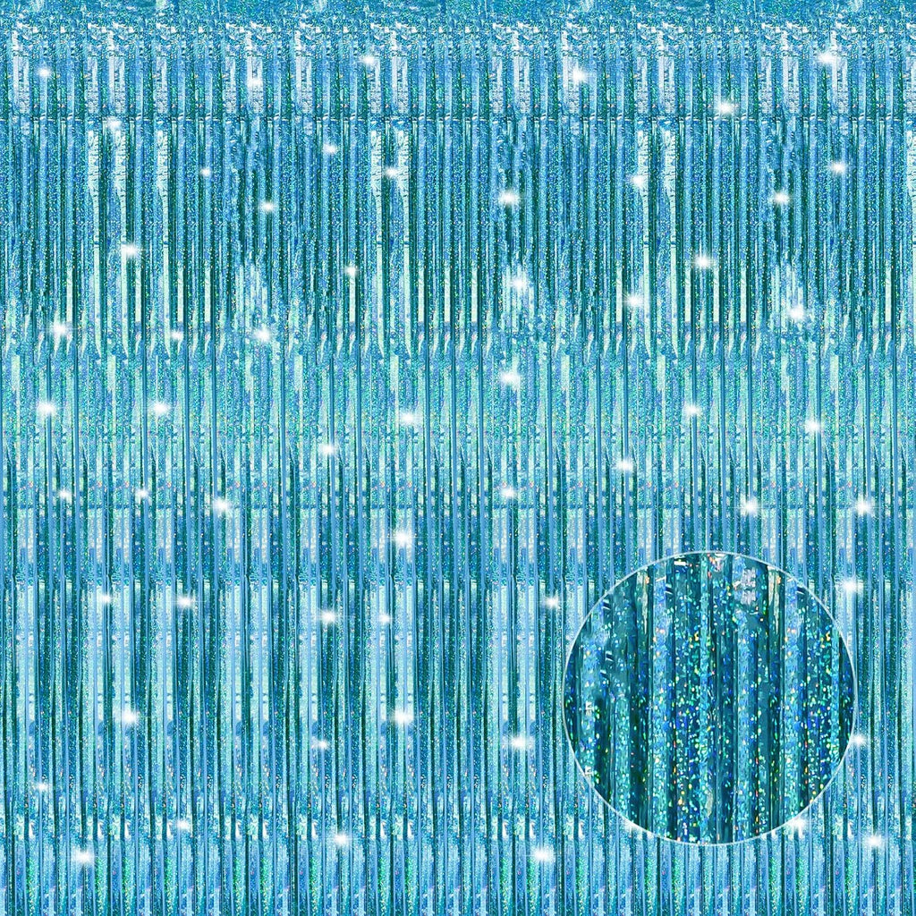 Skiennix Laser Blue Foil Fringe Curtains - 2 Pack Tinsel Backdrop for Parties | 3.3 x 8.2 ft