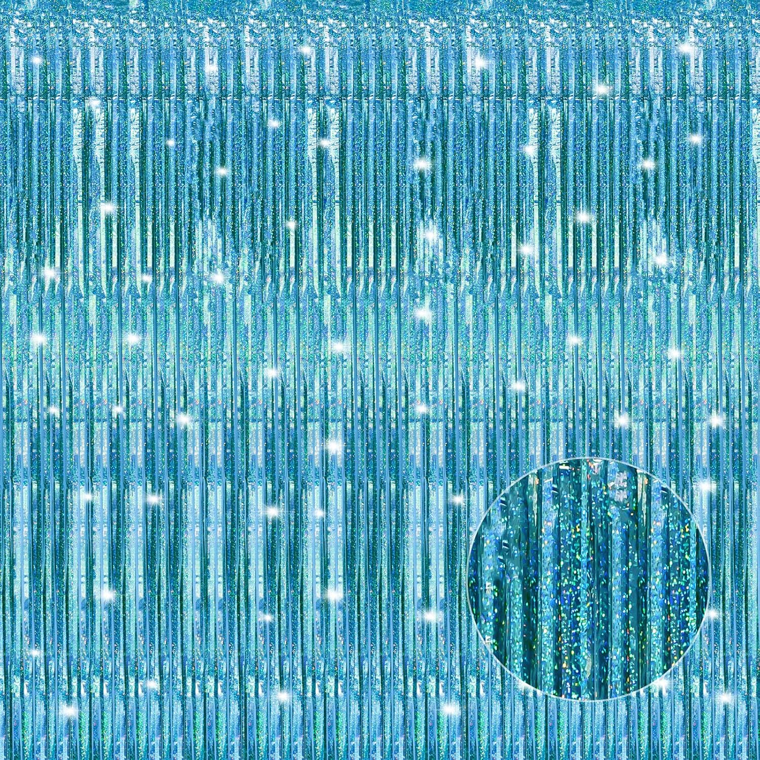 Skiennix Laser Blue Foil Fringe Curtains - 2 Pack Tinsel Backdrop for Parties | 3.3 x 8.2 ft