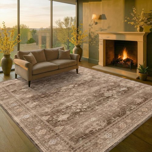 Hazo Haus Boho Taupe Living Room Rug - Vintage Traditional Oriental Design | Washable 7x10 Non-Slip Area Rug
